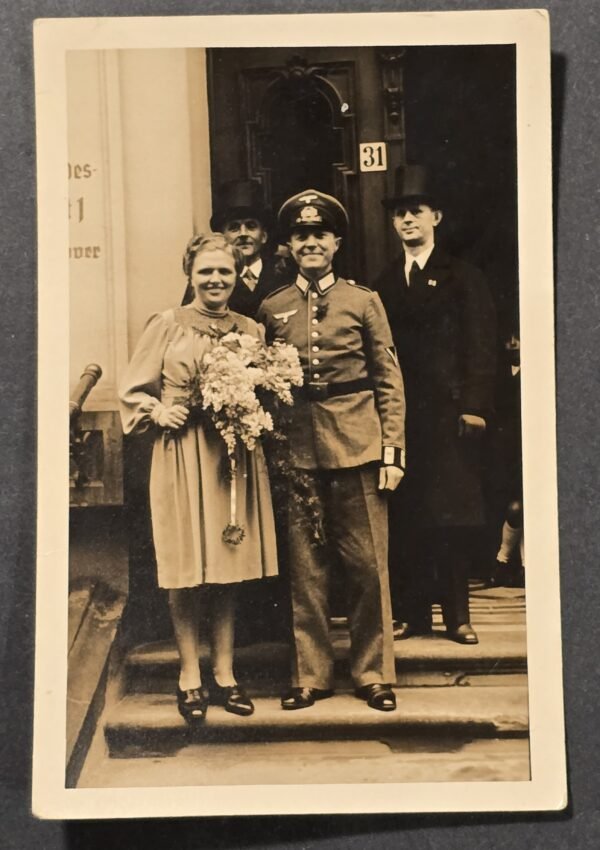 20260807_162721 WW2 German Wehrmacht Soldiers Wedding Photo Postcard Bride & Groom RPPC