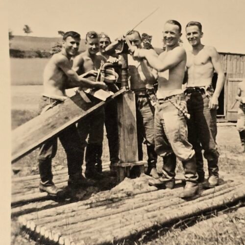 20260807_163030 WWII German Soldiers Outdoor Camp Shirtless Candid Wartime Military Photo