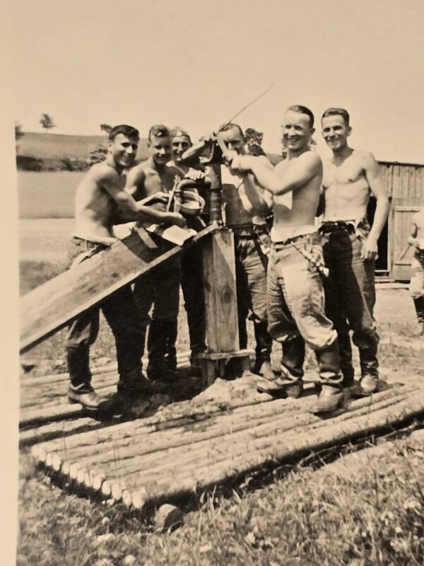 20260807_163030 WWII German Soldiers Outdoor Camp Shirtless Candid Wartime Military Photo