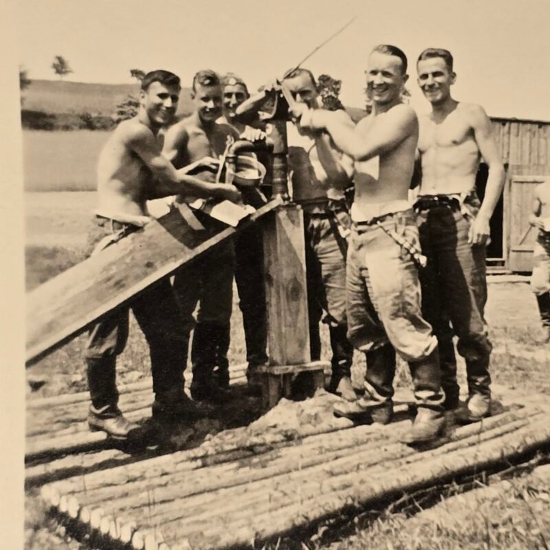 20260807_163030 WWII German Soldiers Outdoor Camp Shirtless Candid Wartime Military Photo