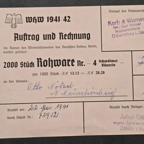 20260808_142511 WW2 Nazi German 1941 WHW Winterhilfswerk Purchase Order Invoice Document 2000 pcs badges pins tinnies toys