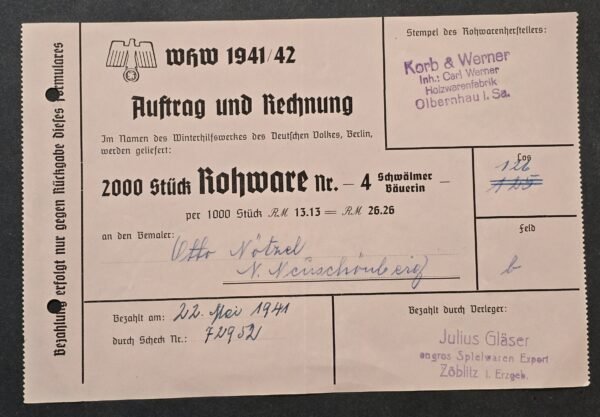 20260808_142511 WW2 Nazi German 1941 WHW Winterhilfswerk Purchase Order Invoice Document 2000 pcs badges pins tinnies toys