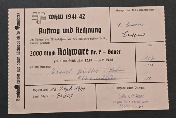 20260808_142527 WW2 Nazi German 1941 WHW Winterhilfswerk Purchase Order Invoice Document 2000 pcs badges pins tinnies wooden toys