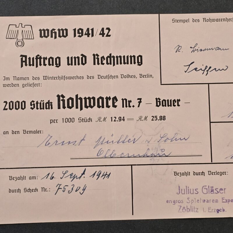 20260808_142527 WW2 Nazi German 1941 WHW Winterhilfswerk Purchase Order Invoice Document 2000 pcs badges pins tinnies wooden toys