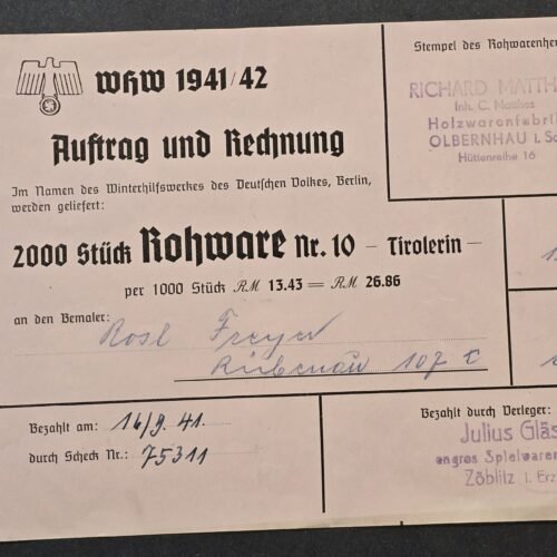 20260808_142545 WW2 Nazi German 1941 WHW Winterhilfswerk Purchase Order Invoice Document 2000 pcs badges pins tinnies wood figures toys