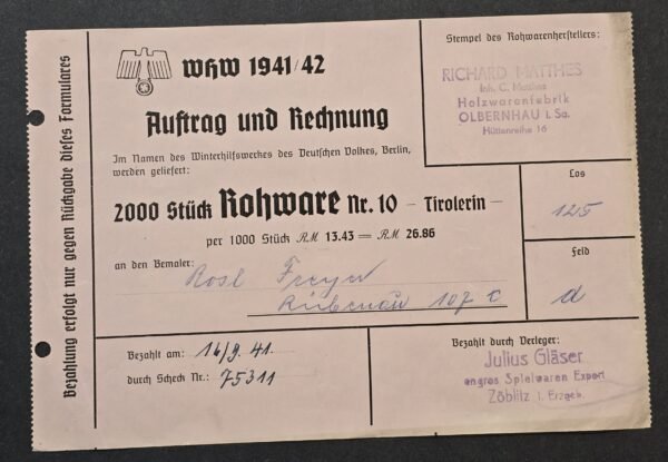 20260808_142545 WW2 Nazi German 1941 WHW Winterhilfswerk Purchase Order Invoice Document 2000 pcs badges pins tinnies wood figures toys