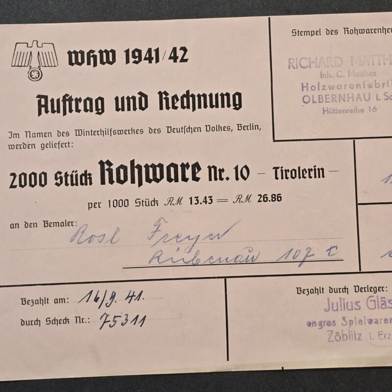 20260808_142545 WW2 Nazi German 1941 WHW Winterhilfswerk Purchase Order Invoice Document 2000 pcs badges pins tinnies wood figures toys