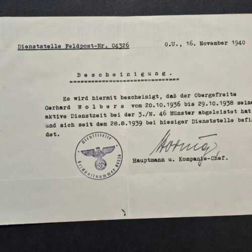 20260808_144622 WW2 German 1940 Wehrmacht Soldiers Feldpost Service Certificate Obergefreiter Gerhard Wolbers Swastika Eagle Stamp FPN 04326