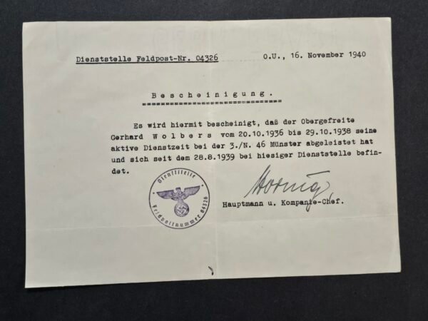 20260808_144622 WW2 German 1940 Wehrmacht Soldiers Feldpost Service Certificate Obergefreiter Gerhard Wolbers Swastika Eagle Stamp FPN 04326