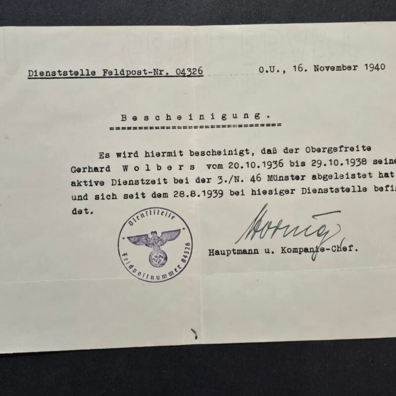 20260808_144622 WW2 German 1940 Wehrmacht Soldiers Feldpost Service Certificate Obergefreiter Gerhard Wolbers Swastika Eagle Stamp FPN 04326