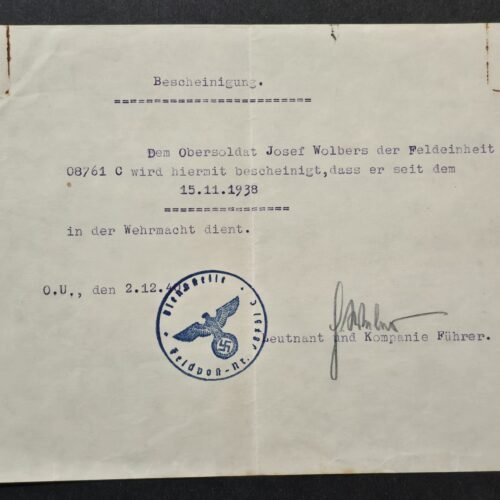 20260808_144652 1940 Wehrmacht Soldiers Feldpost Service certificate Obersoldat Josef Wolbers FPN 08761 C Eagle Swastika Stamp