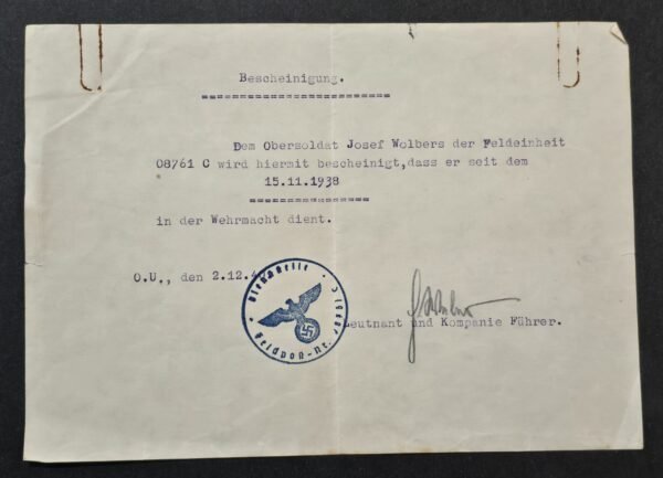 20260808_144652 1940 Wehrmacht Soldiers Feldpost Service certificate Obersoldat Josef Wolbers FPN 08761 C Eagle Swastika Stamp