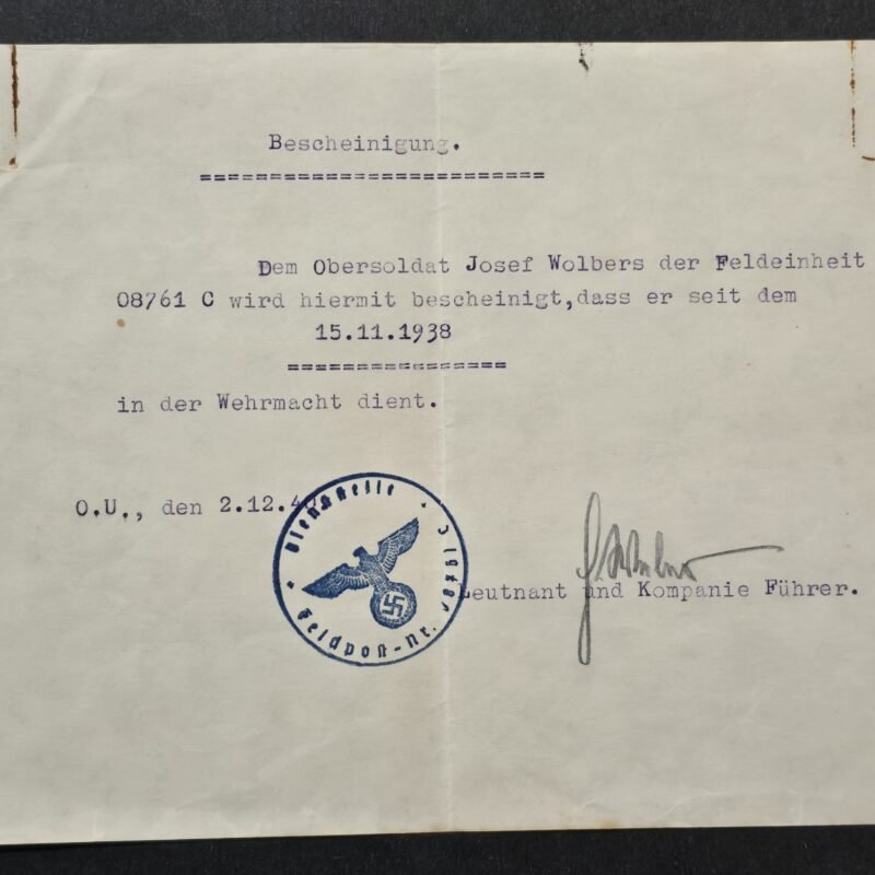 20260808_144652 1940 Wehrmacht Soldiers Feldpost Service certificate Obersoldat Josef Wolbers FPN 08761 C Eagle Swastika Stamp
