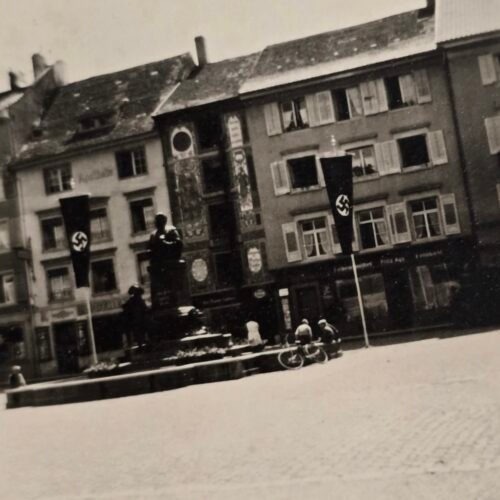 WWII German Swastika Flag Town Square Monument Photo – Occupied City