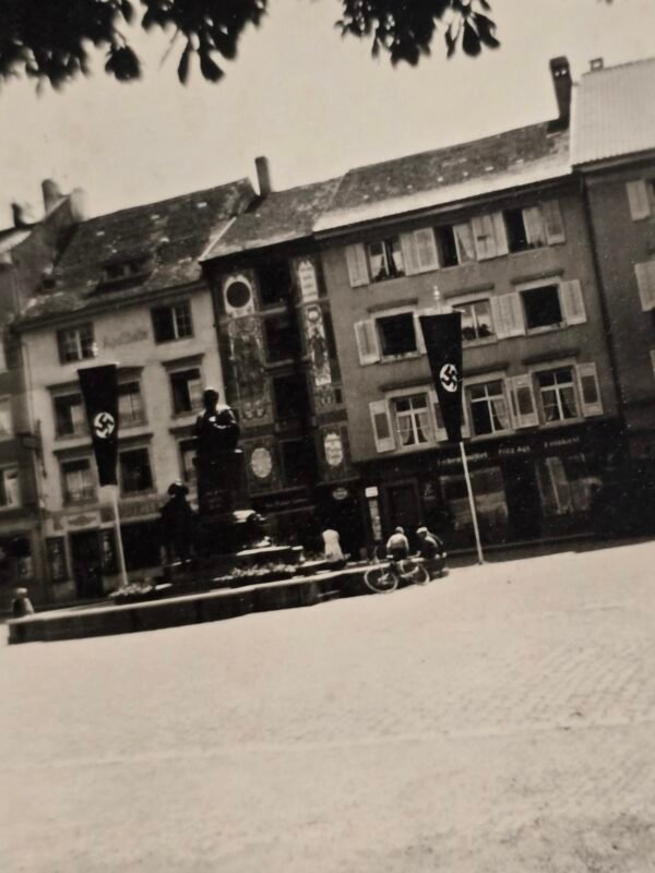 WWII German Swastika Flag Town Square Monument Photo – Occupied City