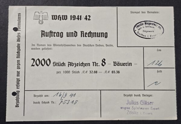 20260809_160909 WW2 Nazi German 1941 WHW Winterhilfswerk Purchase Order Invoice Document 2000 pcs Collectibles Toys