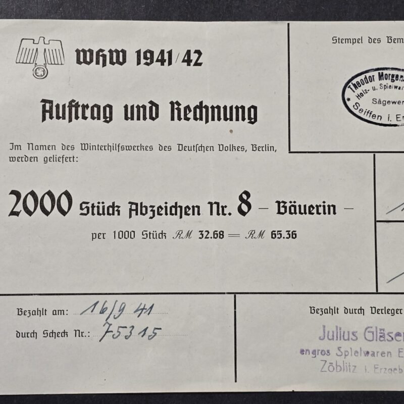20260809_160909 WW2 Nazi German 1941 WHW Winterhilfswerk Purchase Order Invoice Document 2000 pcs Collectibles Toys