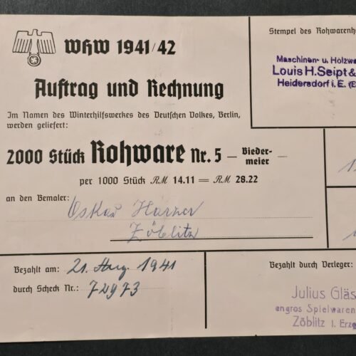 WW2 Nazi German 1941 WHW Winterhilfswerk Purchase Order Document Invoice 2000 pcs Wooden toys collectibles pins