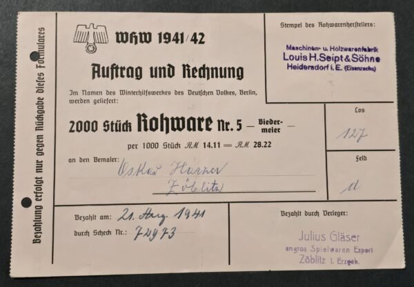 WW2 Nazi German 1941 WHW Winterhilfswerk Purchase Order Document Invoice 2000 pcs Wooden toys collectibles pins