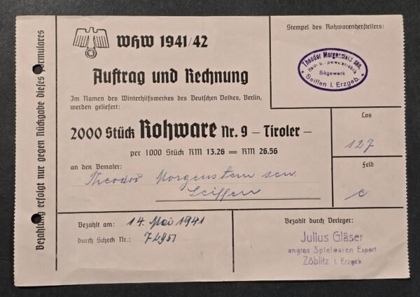 20260809_160957 WW2 Nazi German 1941 WHW Winterhilfswerk Purchase Order Document Invoice 2000 pcs Badges Pins Tinnies