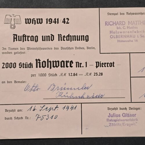 20260809_161021 WW2 Nazi German 1941 WHW Winterhilfswerk Purchase Order Document Invoice 2000 pcs Tinnies Pins Badges