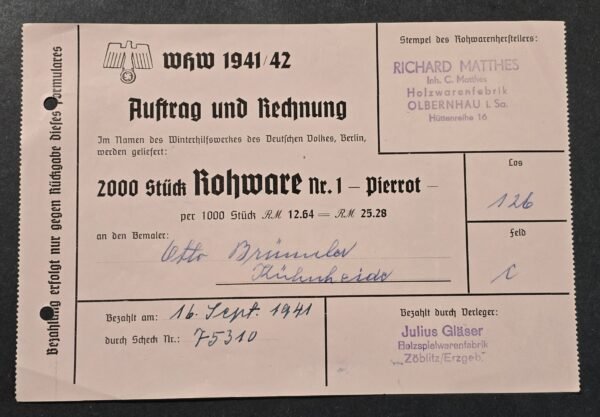 20260809_161021 WW2 Nazi German 1941 WHW Winterhilfswerk Purchase Order Document Invoice 2000 pcs Tinnies Pins Badges