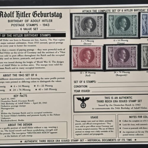 WWII German 1943 Adolf Hitler Birthday Complete 6 Stamp Set MNH w/ Display Card
