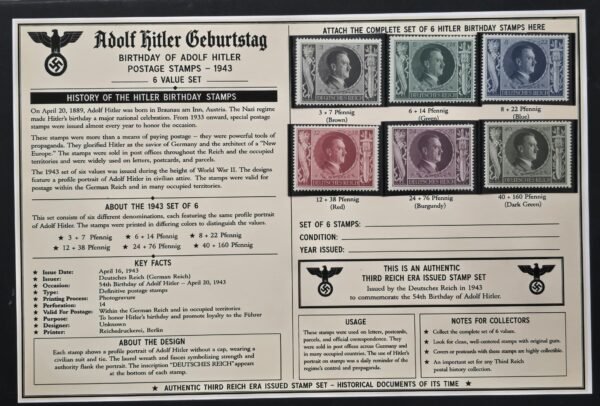 WWII German 1943 Adolf Hitler Birthday Complete 6 Stamp Set MNH w/ Display Card