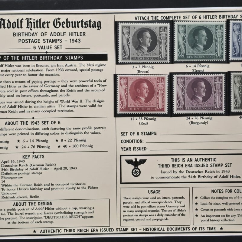 20260811_151708 WWII German 1943 Adolf Hitler Birthday Complete 6 Stamp Set MNH w/ Display Card