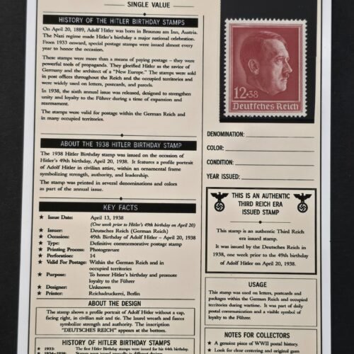 20260811_151818 WWII Nazi German 1938 Adolf Hitler Birthday 12+38 Stamp MNH w/ Third Reich Historical Display Card