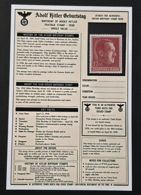 20260811_151818 WWII Nazi German 1938 Adolf Hitler Birthday 12+38 Stamp MNH w/ Third Reich Historical Display Card