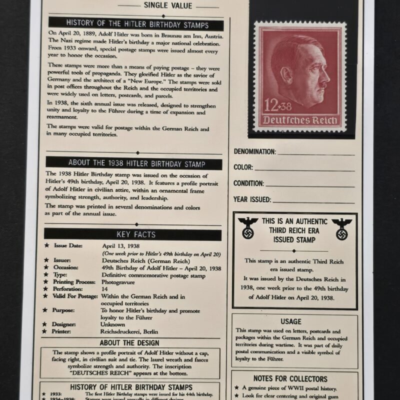 20260811_151818 WWII Nazi German 1938 Adolf Hitler Birthday 12+38 Stamp MNH w/ Third Reich Historical Display Card