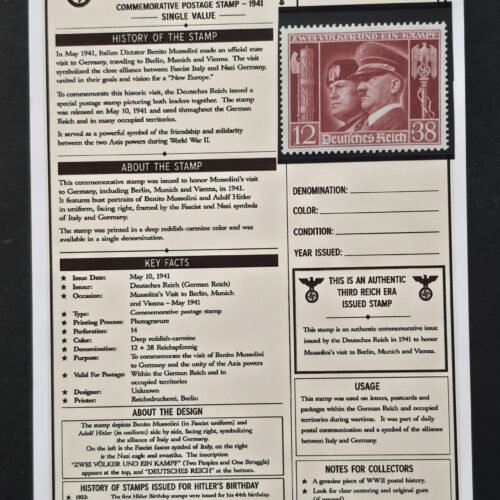 20260811_151833 WWII Nazi German Third Reich 1941 Hitler Mussolini Visit 12+38 Stamp MNH w/ Historical Display Card