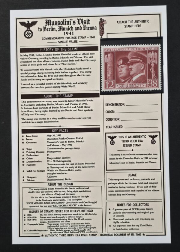 20260811_151833 WWII Nazi German Third Reich 1941 Hitler Mussolini Visit 12+38 Stamp MNH w/ Historical Display Card