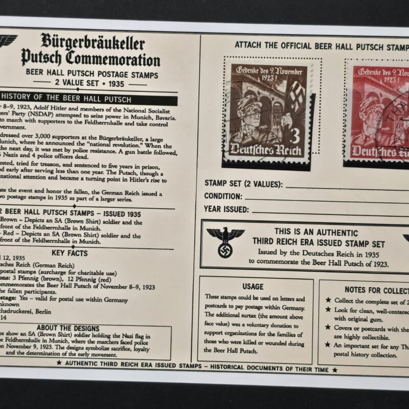 20260811_151910 WWII Nazi German Third reich 1935 SA Stormtroopers Beer Hall Putsch Stamp Set w/ Historical Display Card