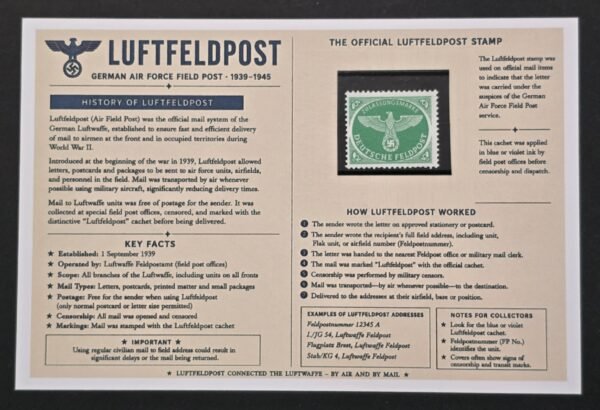 20260811_151935 WWII German Luftfeldpost Swastika Eagle Air Mail Feldpost Post Stamp MNH w/ Display Card
