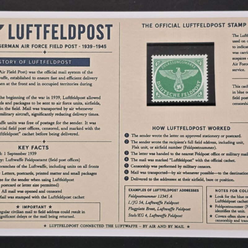 20260811_151935 WWII German Luftfeldpost Swastika Eagle Air Mail Feldpost Post Stamp MNH w/ Display Card