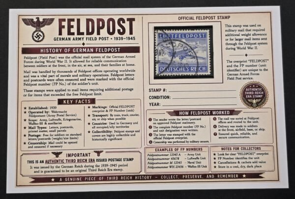 20260811_151956 WWII Nazi German Feldpost Official Field Post Airplane Stamp Used w/ Historical Display Card