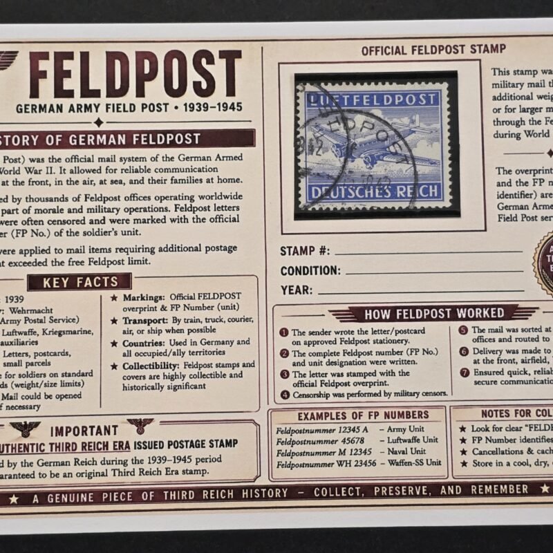 20260811_151956 WWII Nazi German Feldpost Official Field Post Airplane Stamp Used w/ Historical Display Card