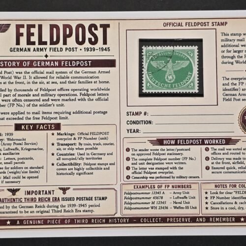 20260811_152003 WWII Nazi German Deutsche Feldpost Green Swastika Eagle Stamp Used w/ Historical Display Card