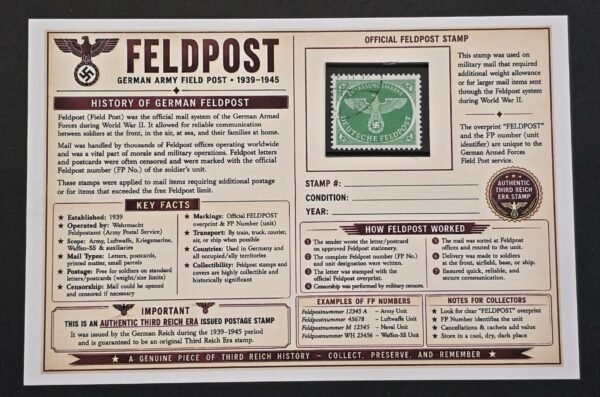 20260811_152003 WWII Nazi German Deutsche Feldpost Green Swastika Eagle Stamp Used w/ Historical Display Card