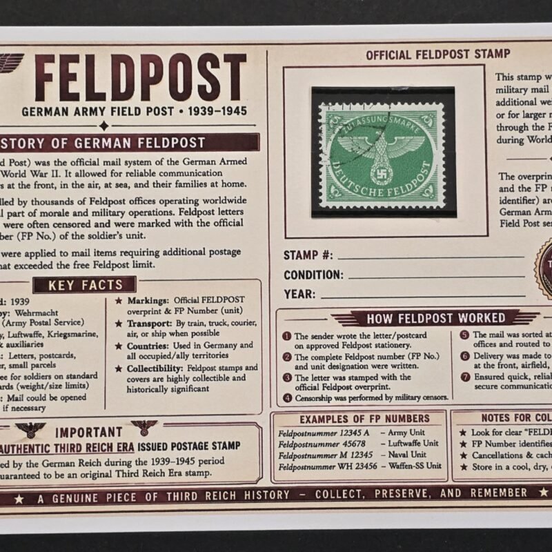 20260811_152003 WWII Nazi German Deutsche Feldpost Green Swastika Eagle Stamp Used w/ Historical Display Card