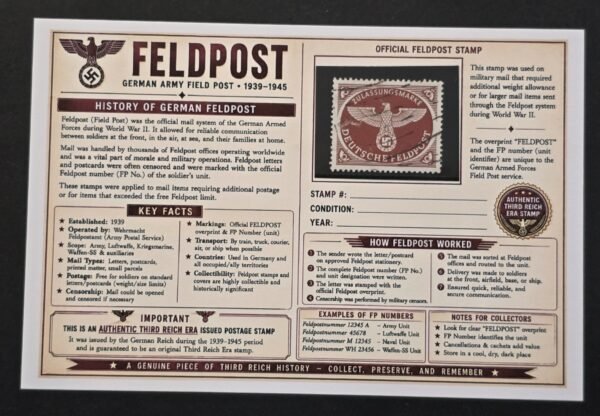 WWII Nazi German Deutsche Feldpost Swastika Eagle Brown Stamp Used w/ Historical Display Card