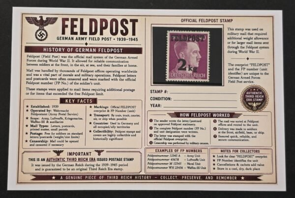20260811_152017 WWII Nazi German Feldpost 2kg Adolf Hitler Overprint Stamp MNH w/ Historical Third Reich Display Card