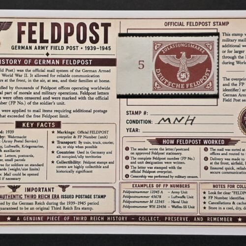 WWII Nazi German Feldpost Swastika Eagle Brown Stamp MNH Margin #5 w/ Display Card