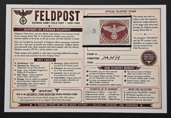 WWII Nazi German Feldpost Swastika Eagle Brown Stamp MNH Margin #5 w/ Display Card
