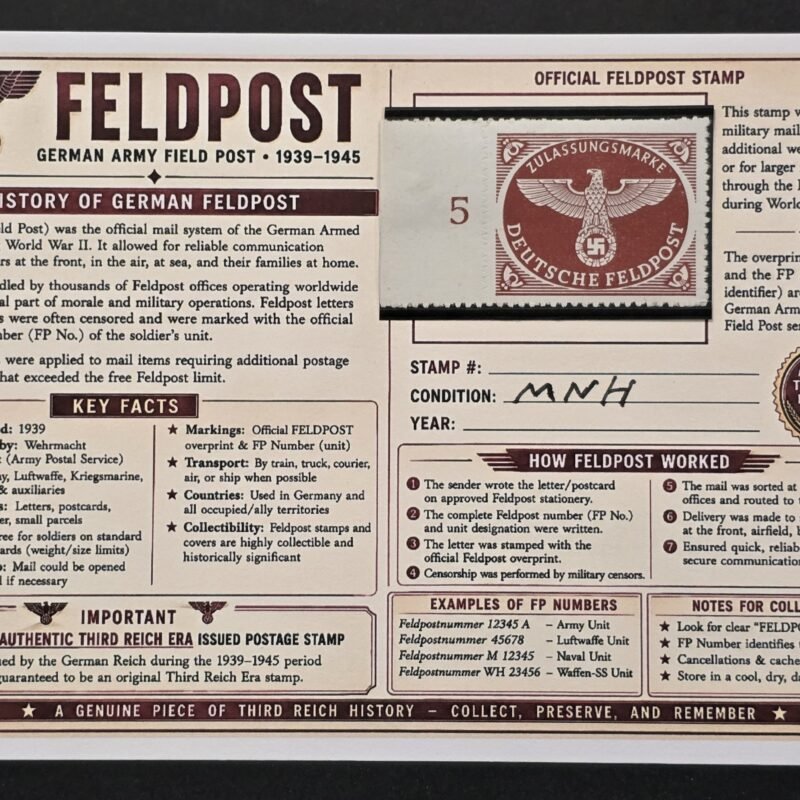 20260811_152024 WWII Nazi German Feldpost Swastika Eagle Brown Stamp MNH Margin #5 w/ Display Card