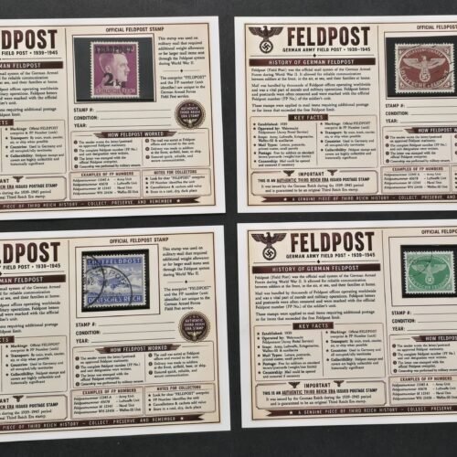 20260811_152105 WWII Nazi German Feldpost Stamp Collection 4 Different Authentic Stamps w/ Display Cards