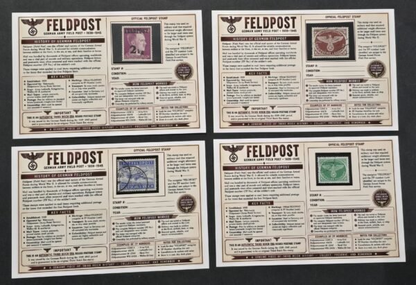 20260811_152105 WWII Nazi German Feldpost Stamp Collection 4 Different Authentic Stamps w/ Display Cards