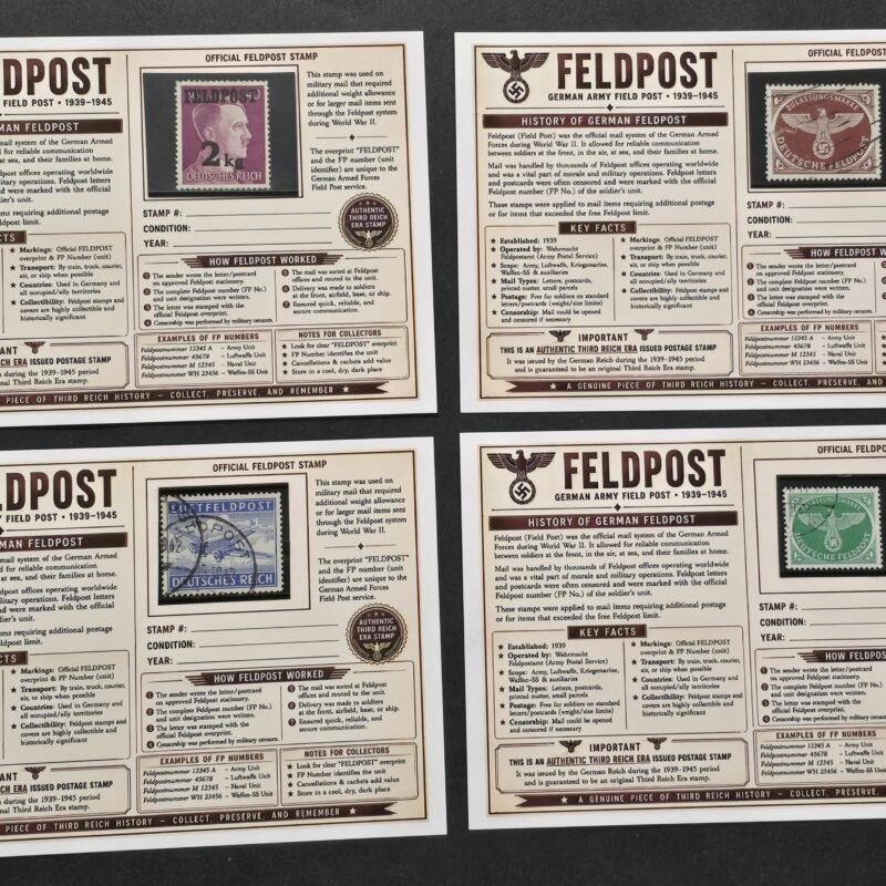 20260811_152105 WWII Nazi German Feldpost Stamp Collection 4 Different Authentic Stamps w/ Display Cards